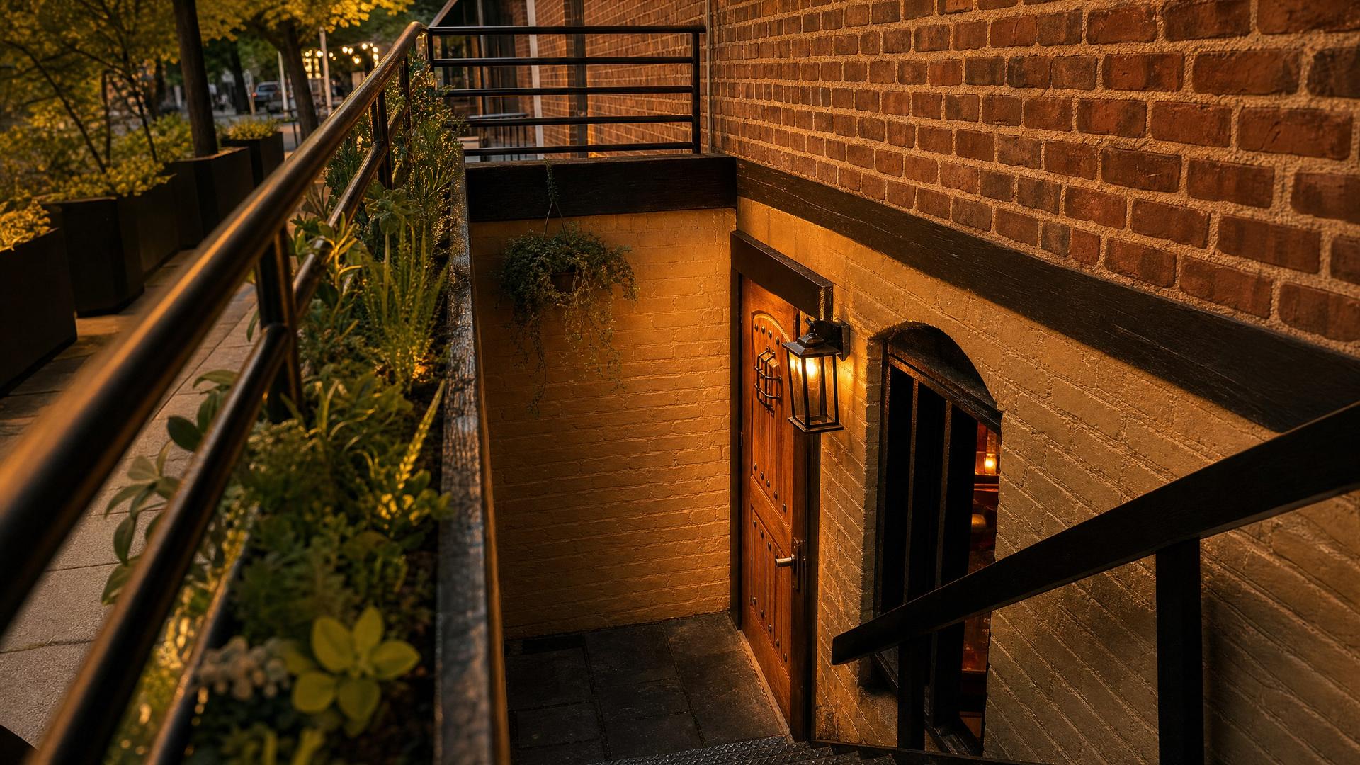 Lantern-lit brick stairwell descending to the Las Mas entrance